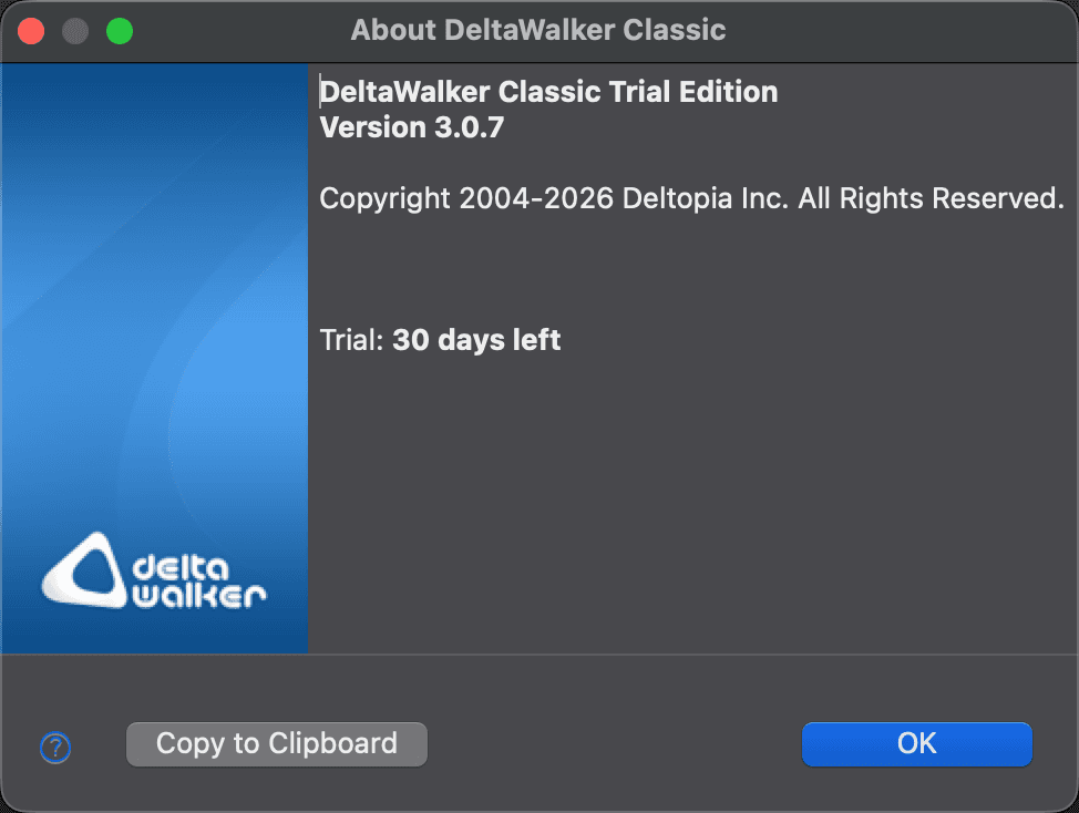 About DeltaWalker Classic dialog