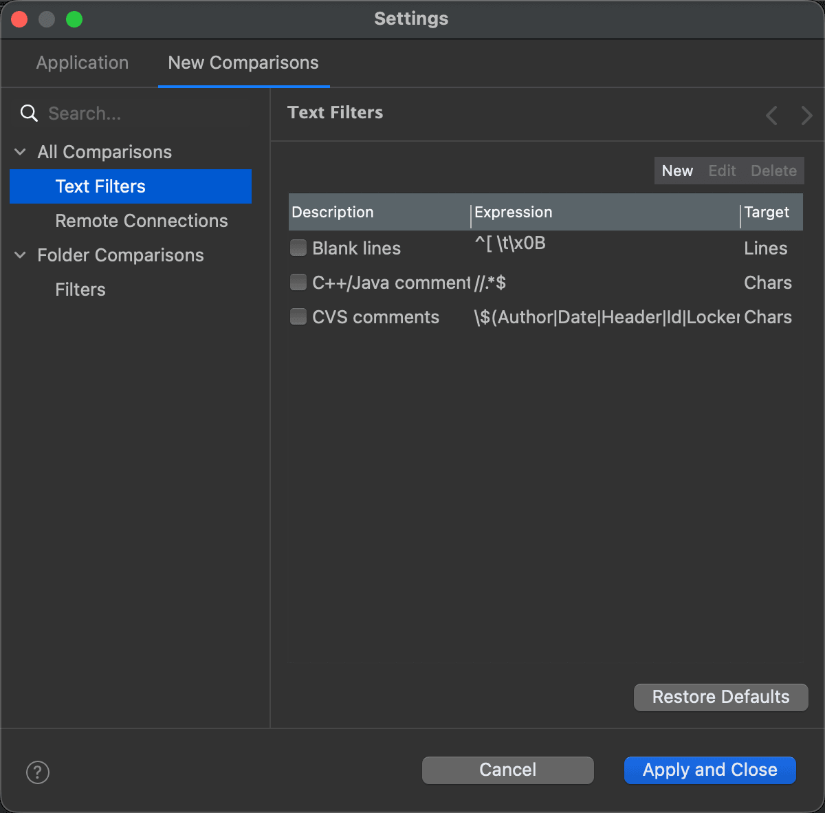 The Text Filters page of the Settings window