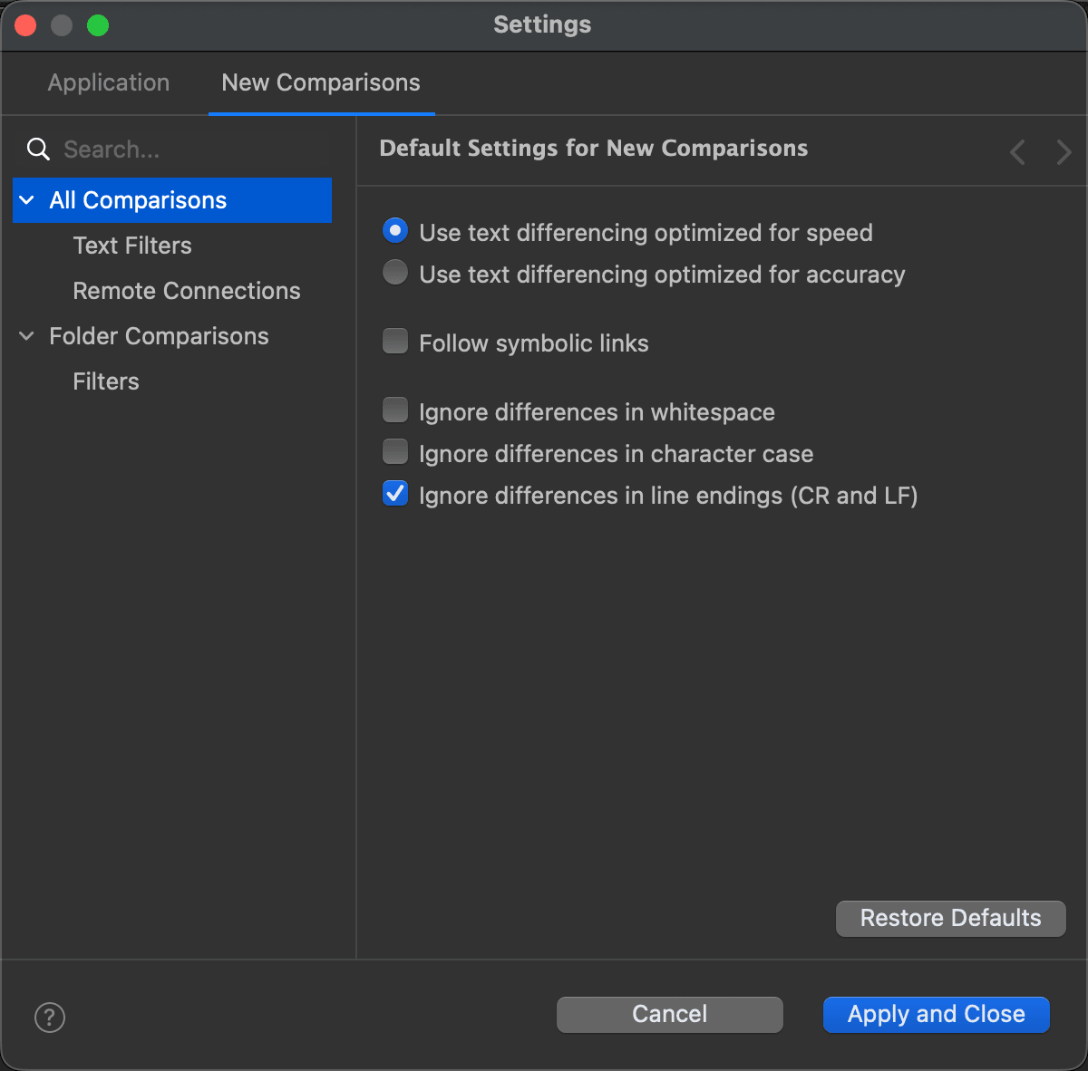 The All Comparisons page of the Settings window
