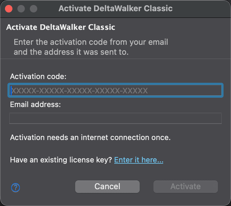 Activate DeltaWalker Classic dialog
