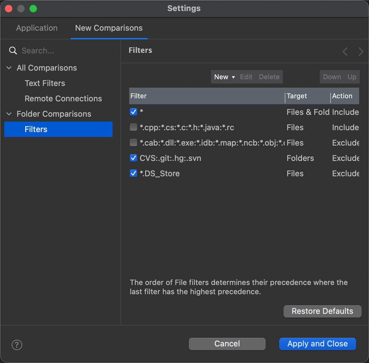 The Filters page of the Settings window
