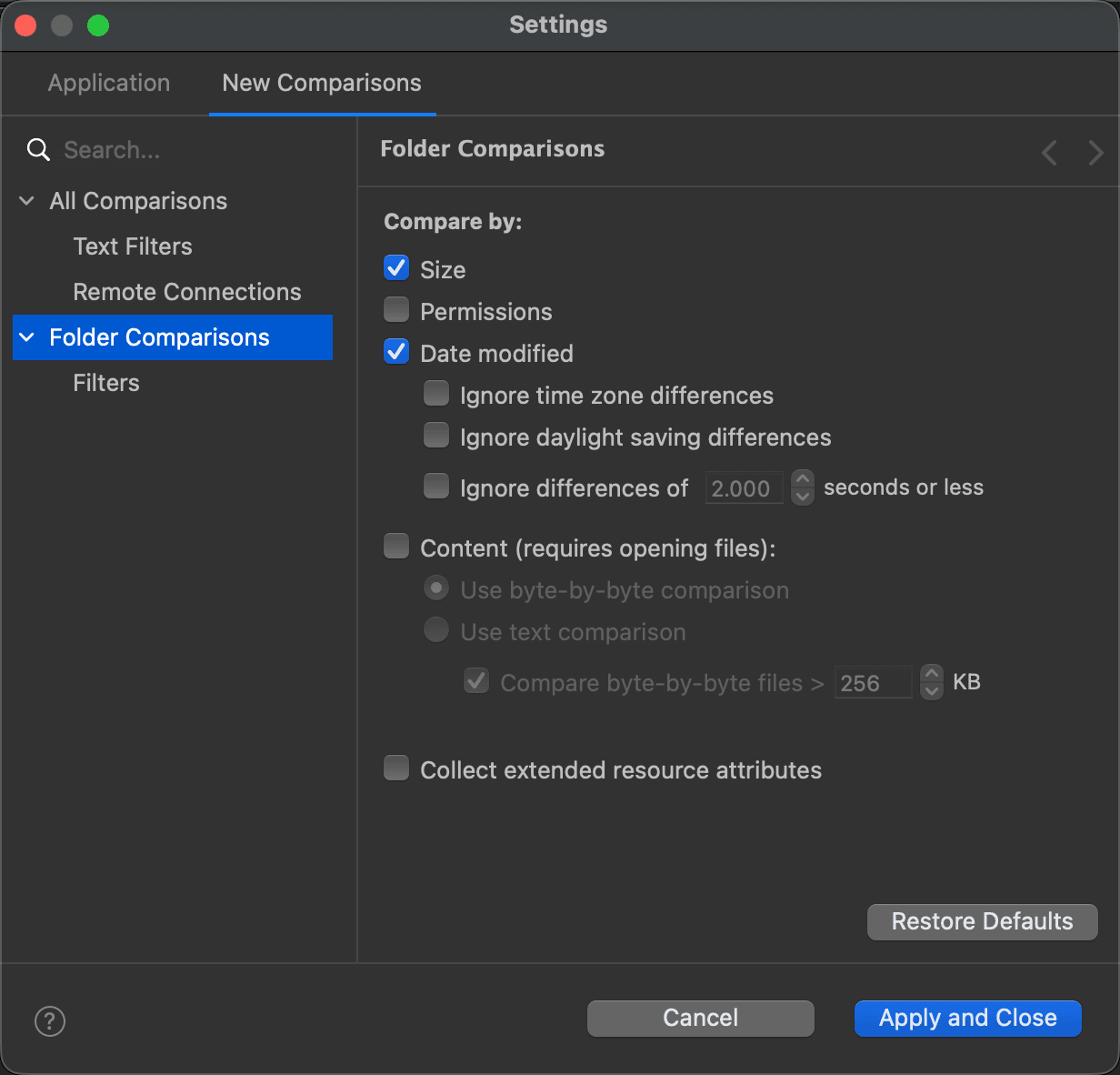 The Folder Comparisons page of the Settings window