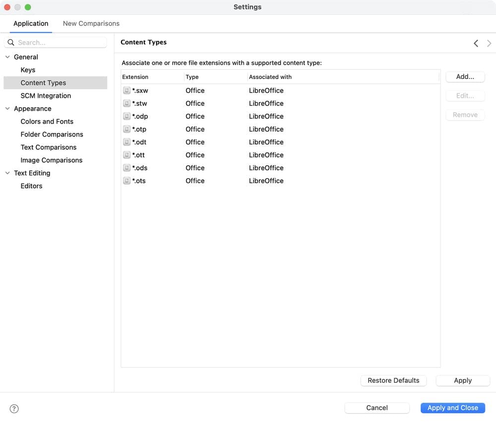The Content Types page of the Settings window