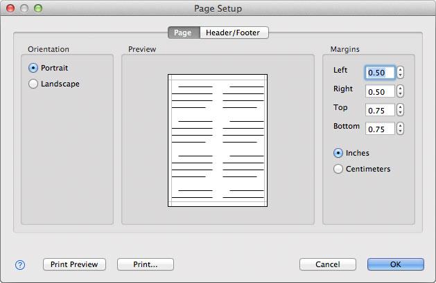 Page Setup dialog, Margins & Orientation page