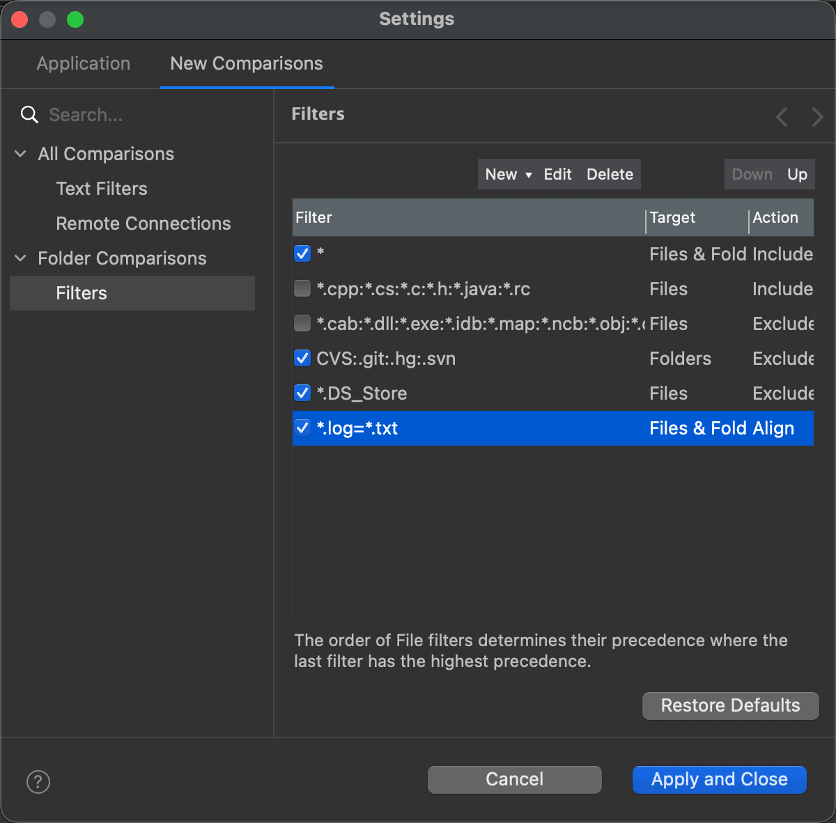 Folder comparison with align filter