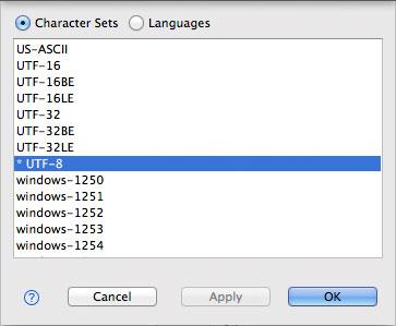 Set Character Encoding dialog