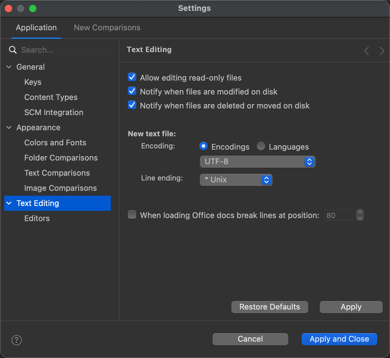 The Text Editing page of the Settings window