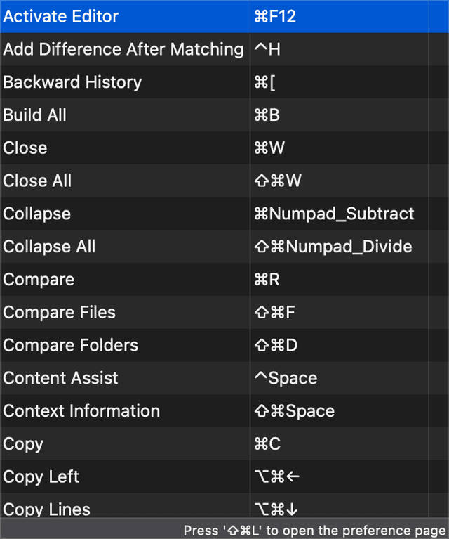 Key bindings list, part 1