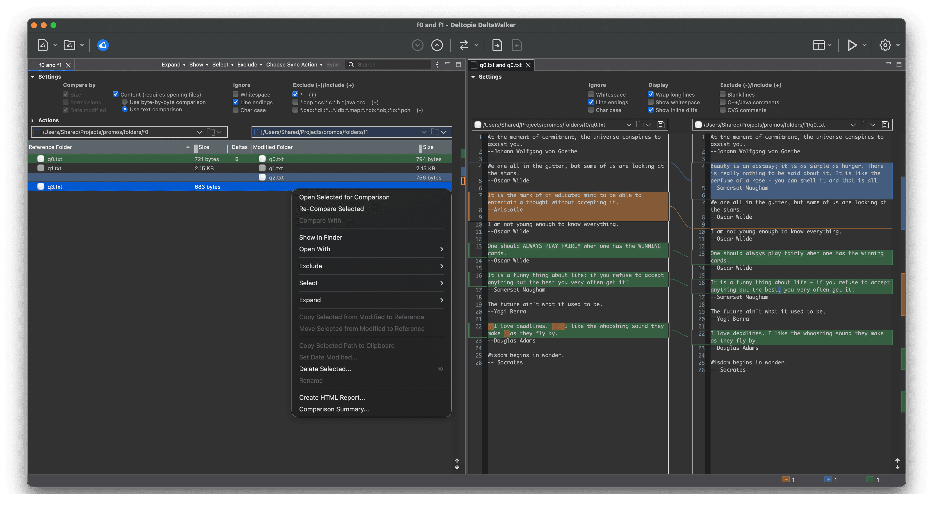 DeltaWalker v3 workspace with folder and file comparison