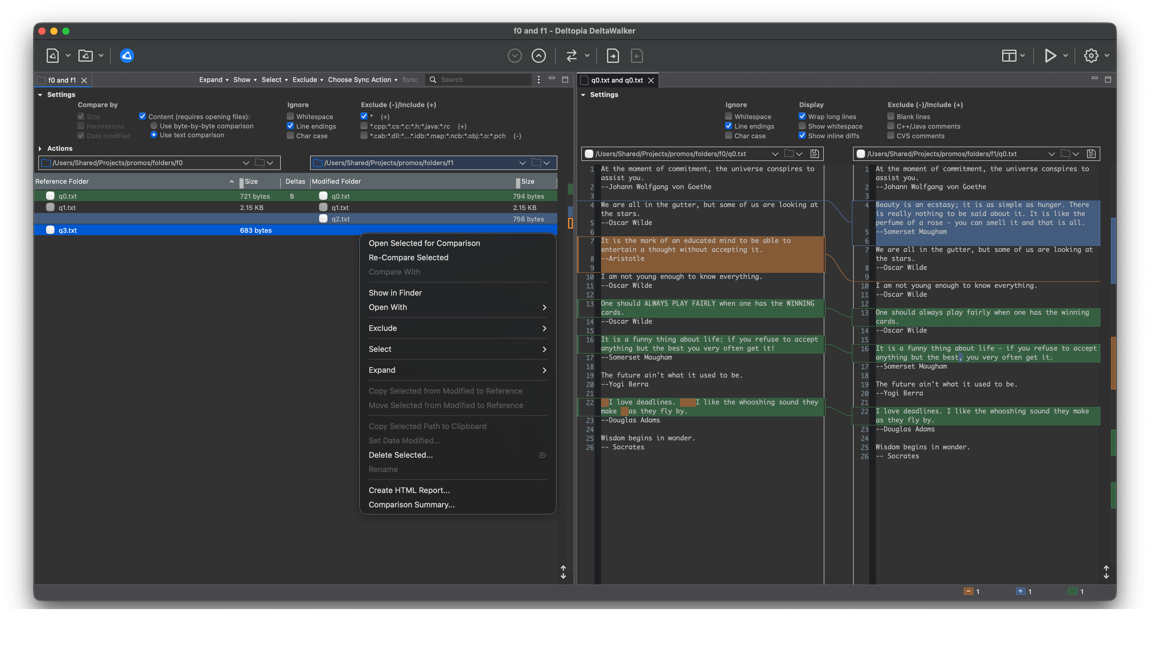 DeltaWalker v3 workspace with folder and file comparison