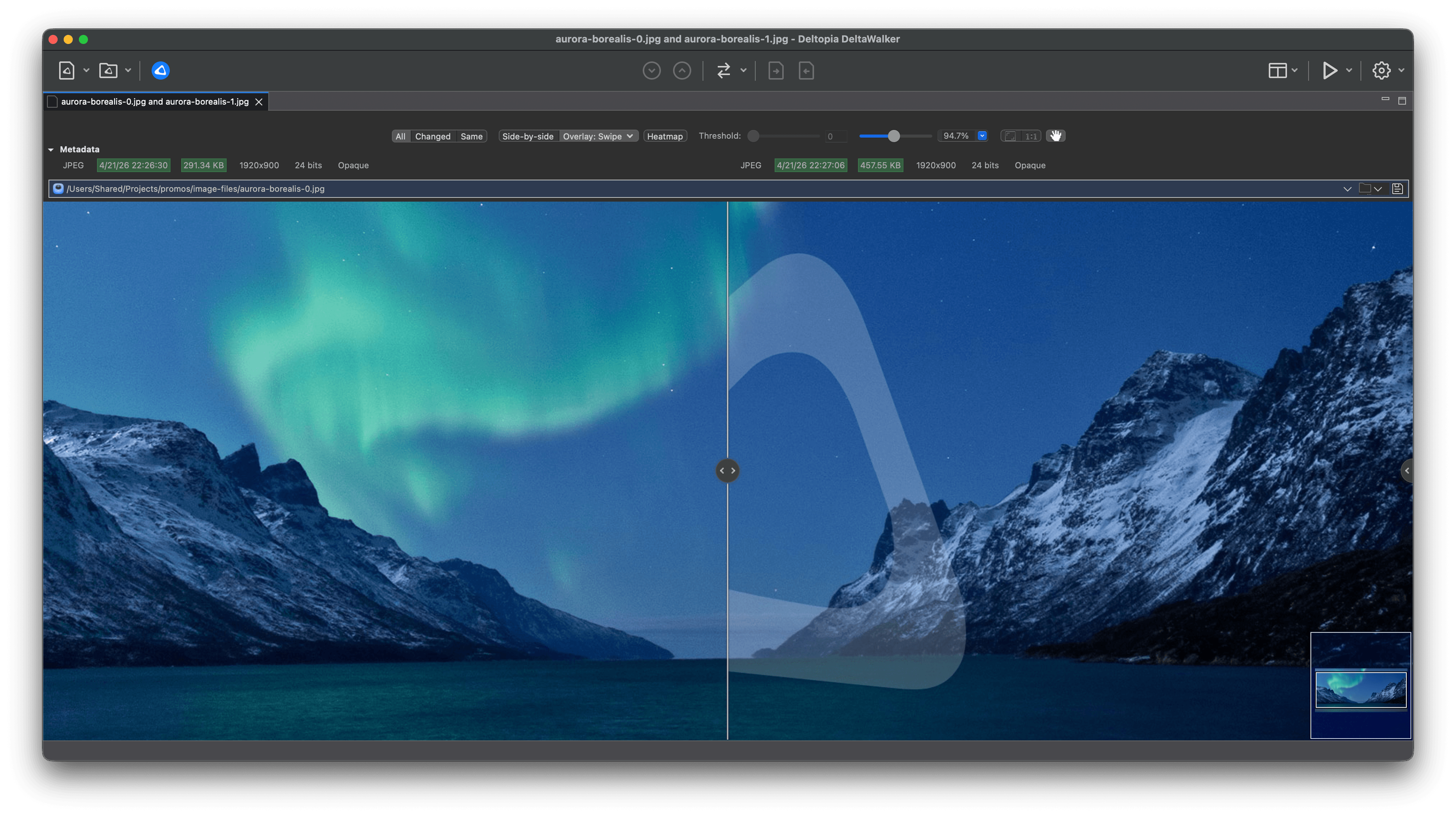 DeltaWalker v3 image comparison with overlay and swipe modes