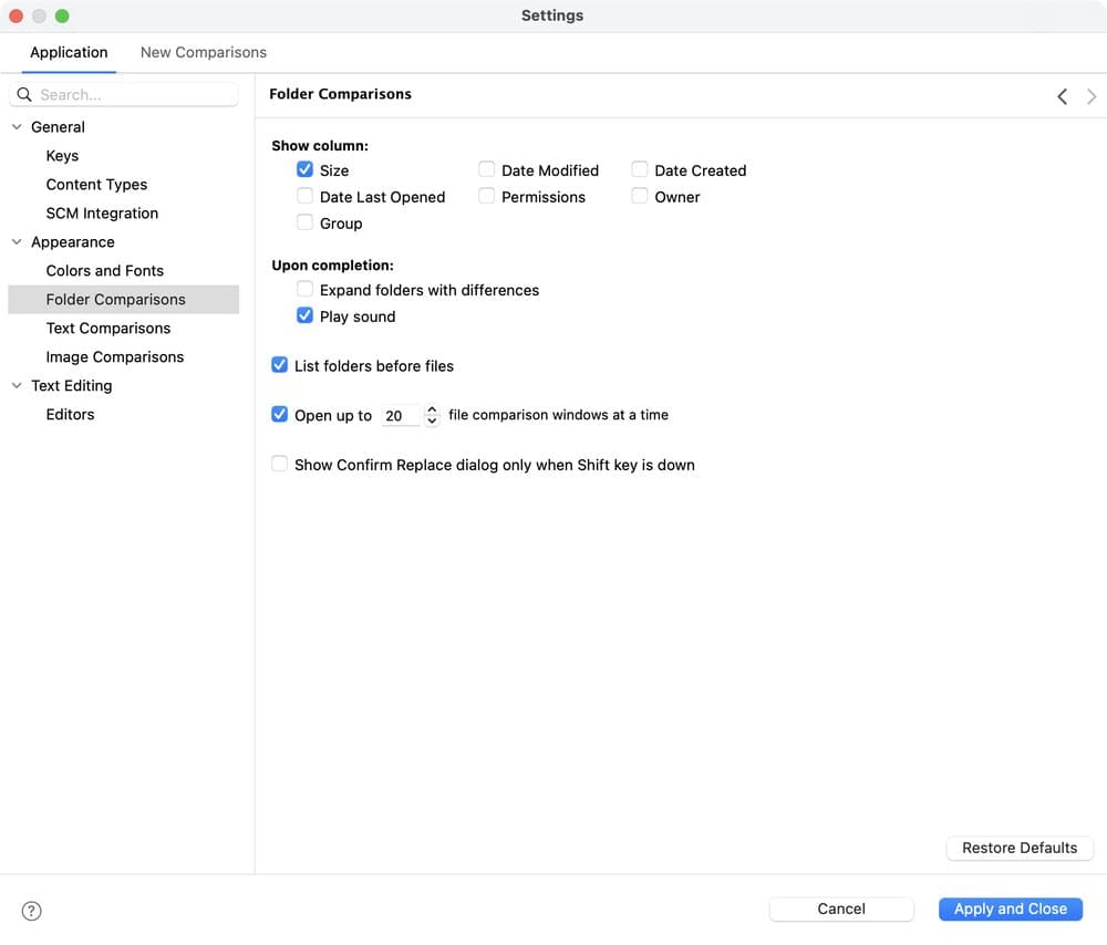 The Folder Comparisons page under Appearance in the Settings window