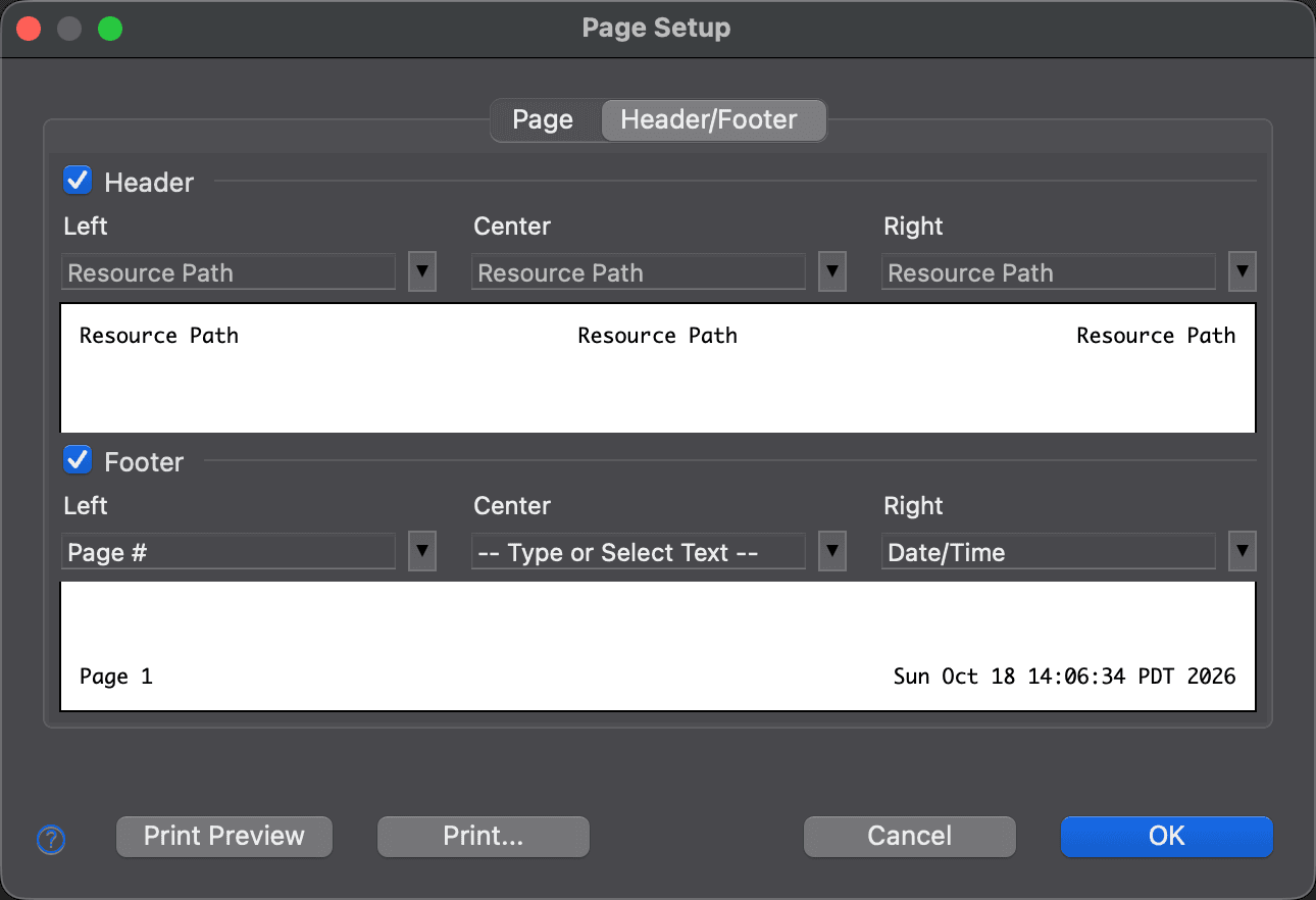 The Header/Footer tab of the Page Setup dialog