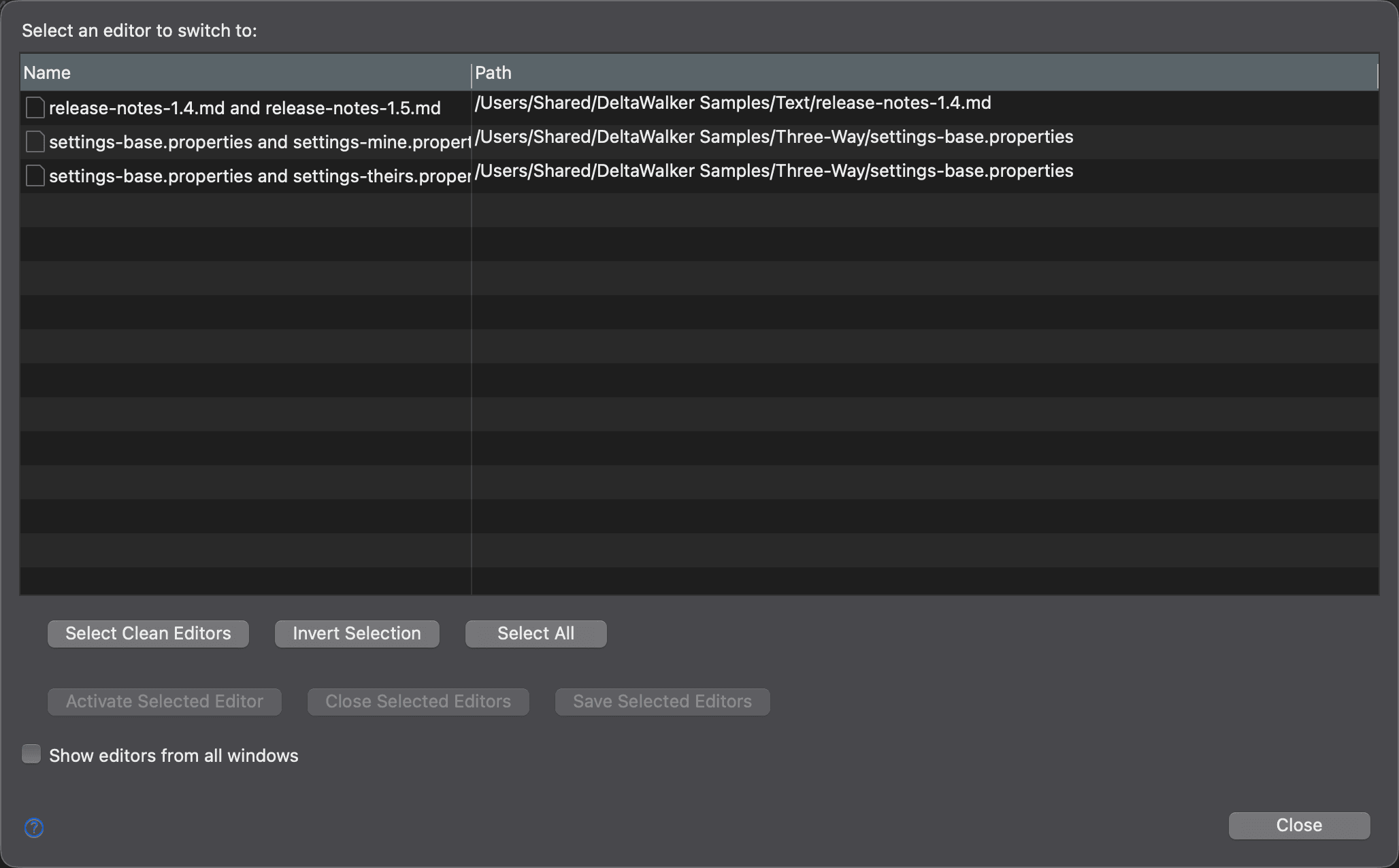 Switch to Editor dialog listing open file comparison windows