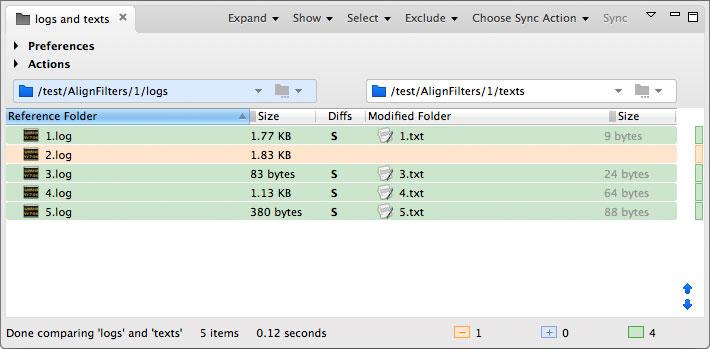 Folder comparison with align filter