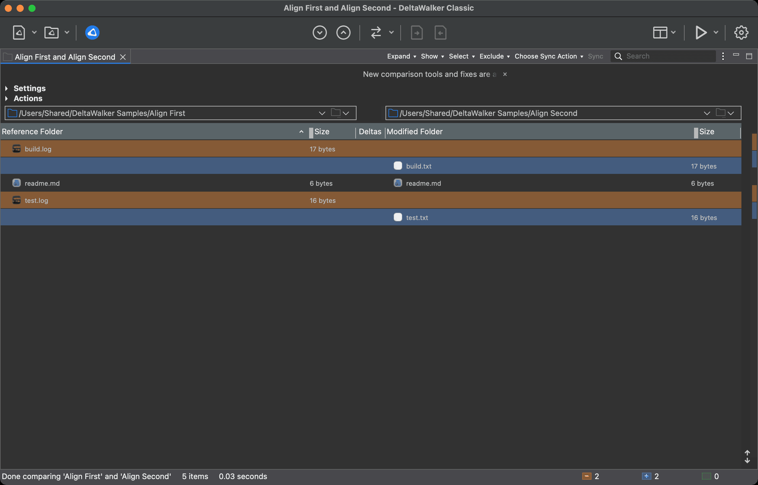 Folder comparison without an alignment override filter