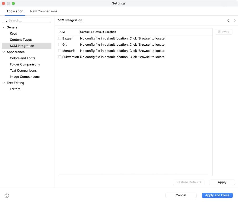 The SCM Integration page of the Settings window