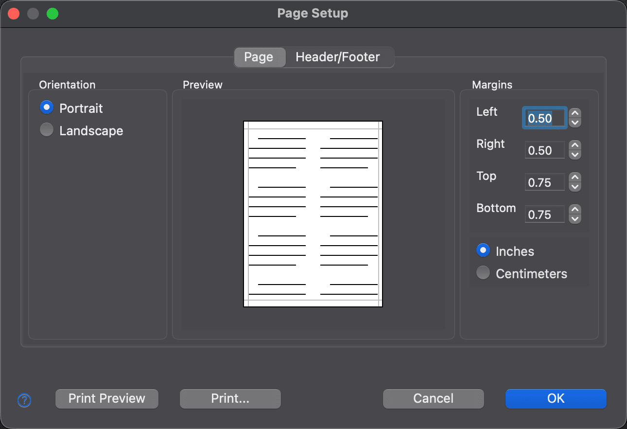 The Page tab of the Page Setup dialog