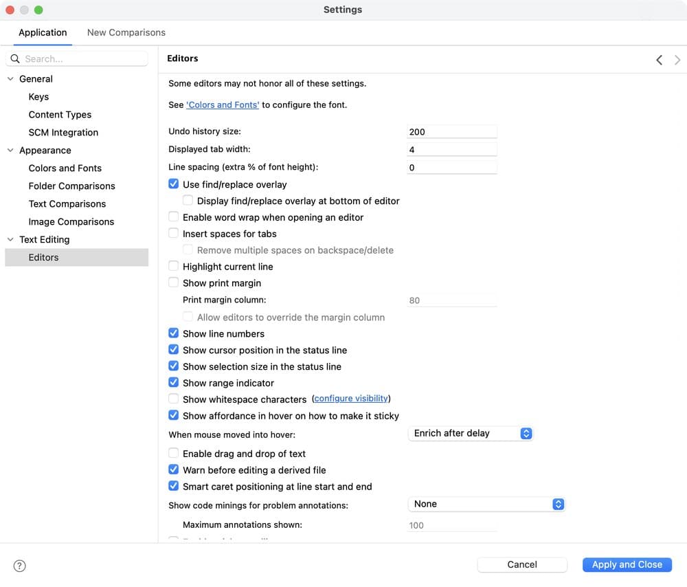 The Editors page of the Settings window