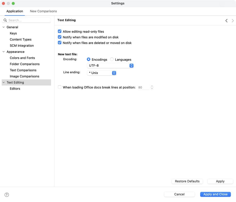 The Text Editing page of the Settings window