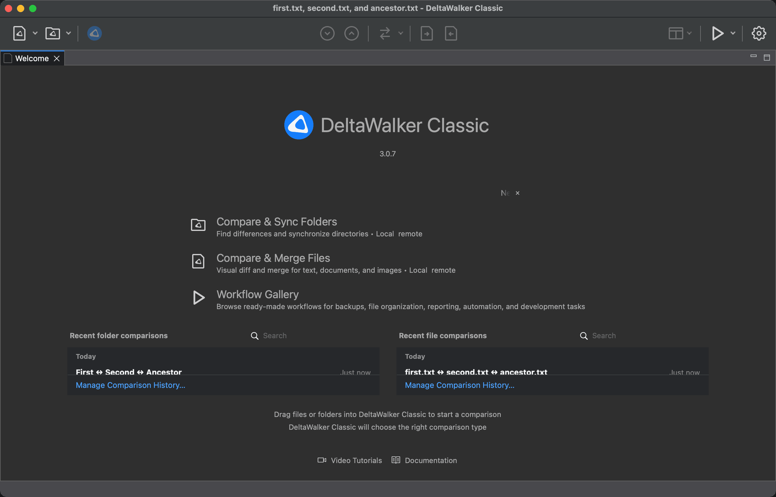 The Welcome page, with the start actions, the lists of recent folder and file comparisons side by side, and the drop area
