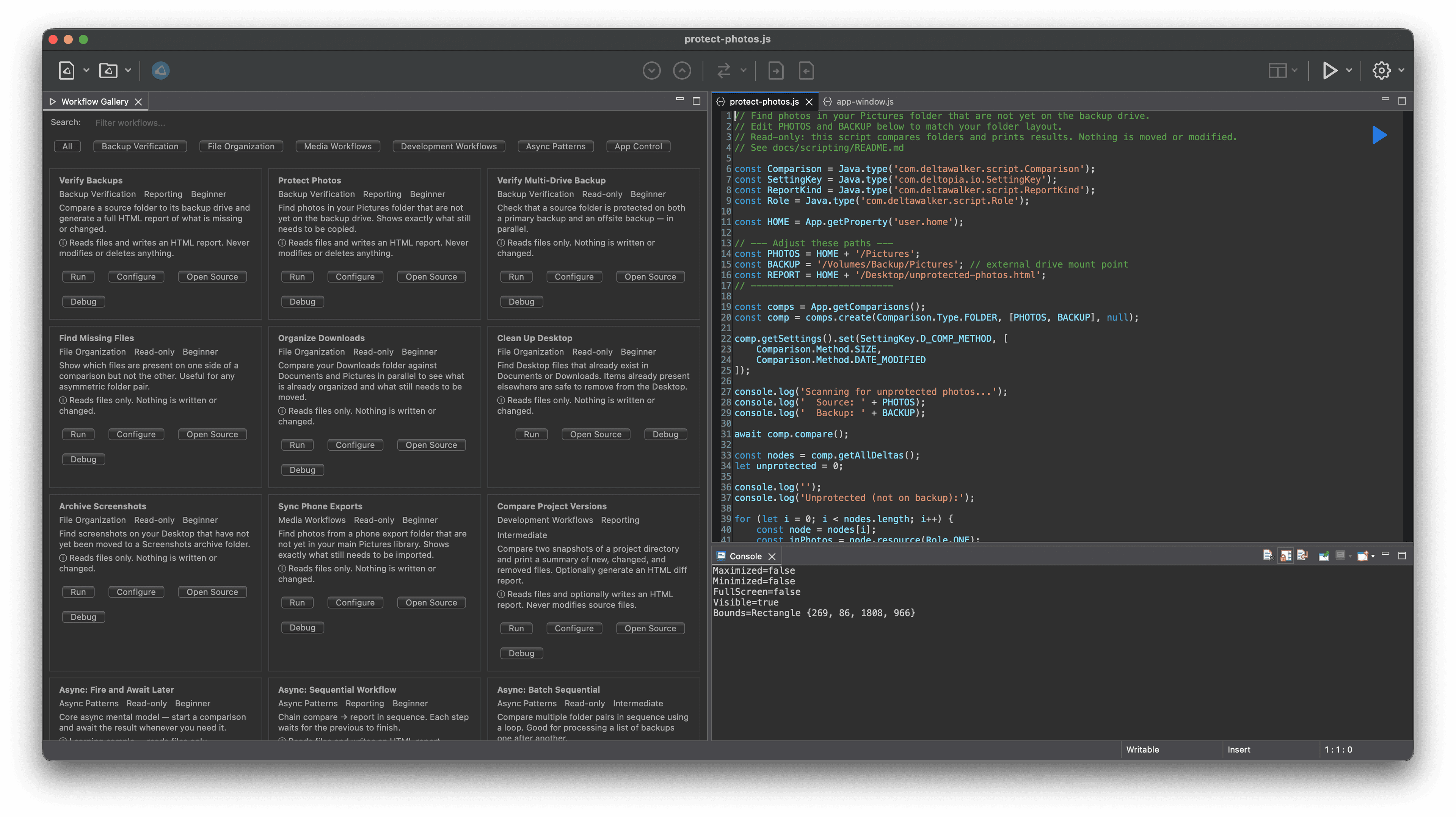 DeltaWalker v3 JavaScript scripting workflow gallery